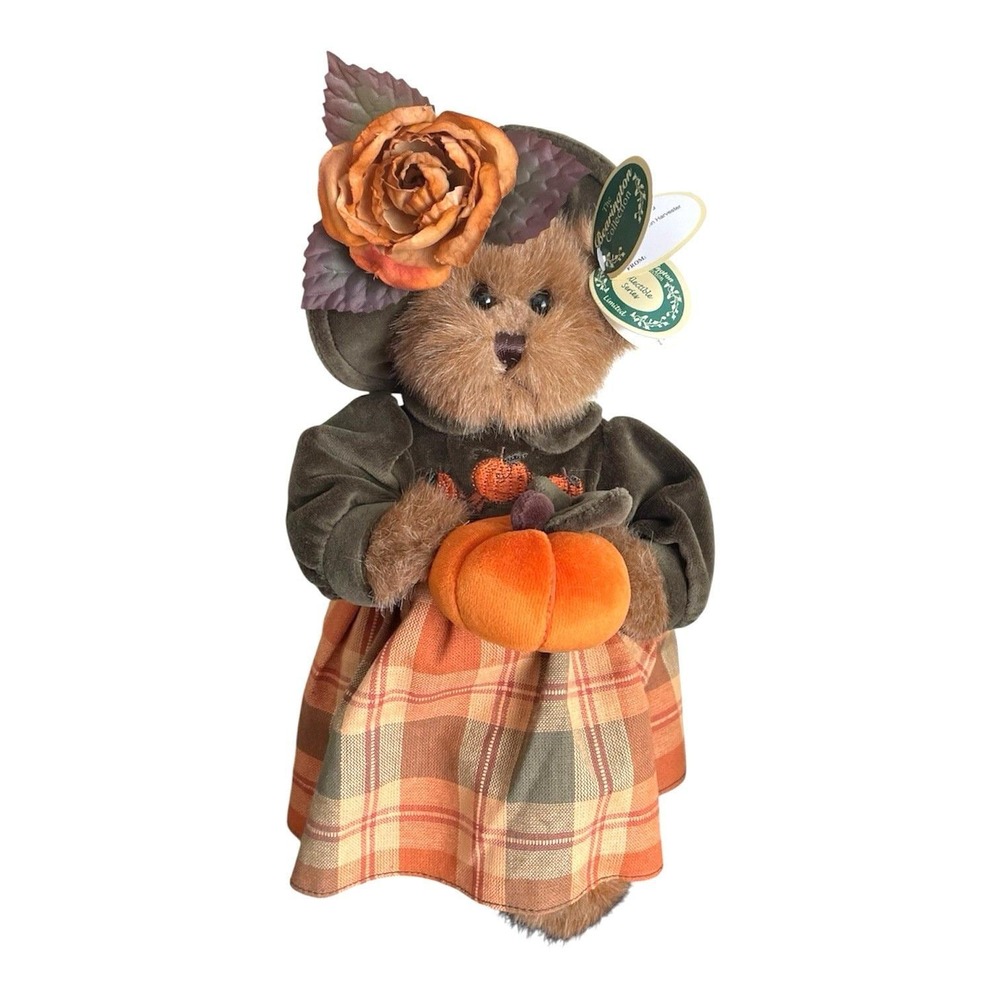 The Bearington Collection Autumn Harvester 14" Plush Bear with Pumpkin #1079 Box